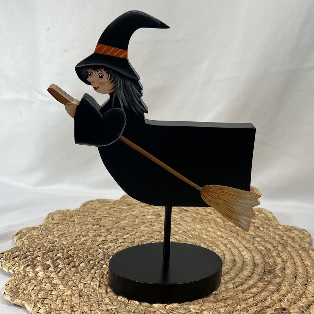 Hand Carved Wooden Witch On Broom Halloween Figurine Folk Art Black Dress & Hat